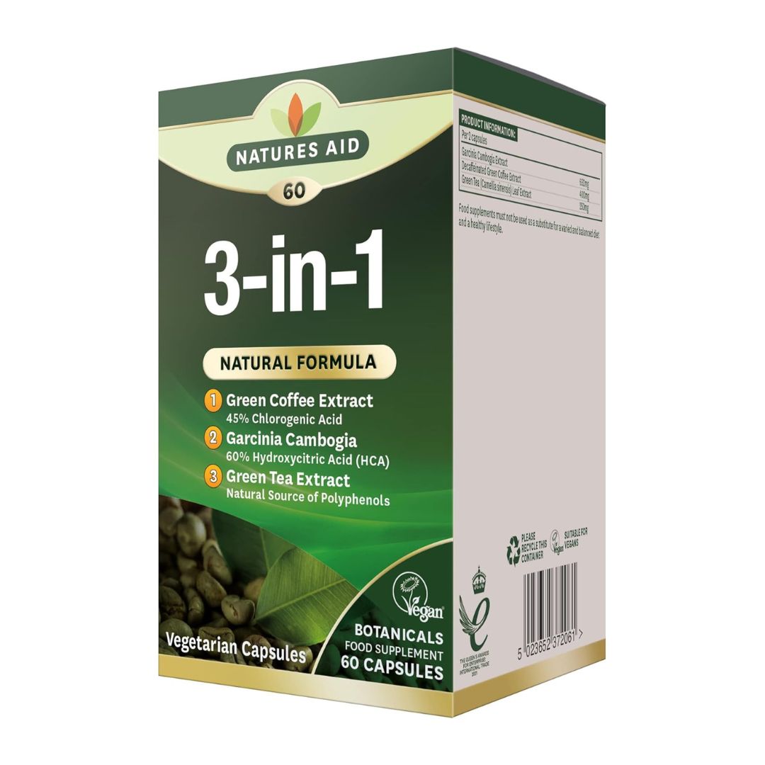 Natures Aid 3-in-1 Natural Formula, 60 Capsules | Garcinia, Green Coffee & Green Tea Extracts