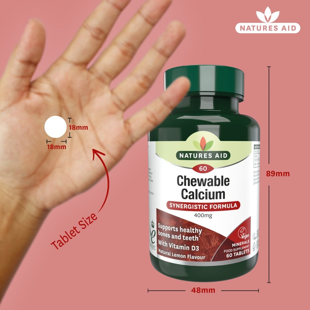 Natures Aid Chewable Calcium 400 mg, 60 Chewable Tablets | Lemon-Flavoured Calcium with Vitamin D3 – product photo