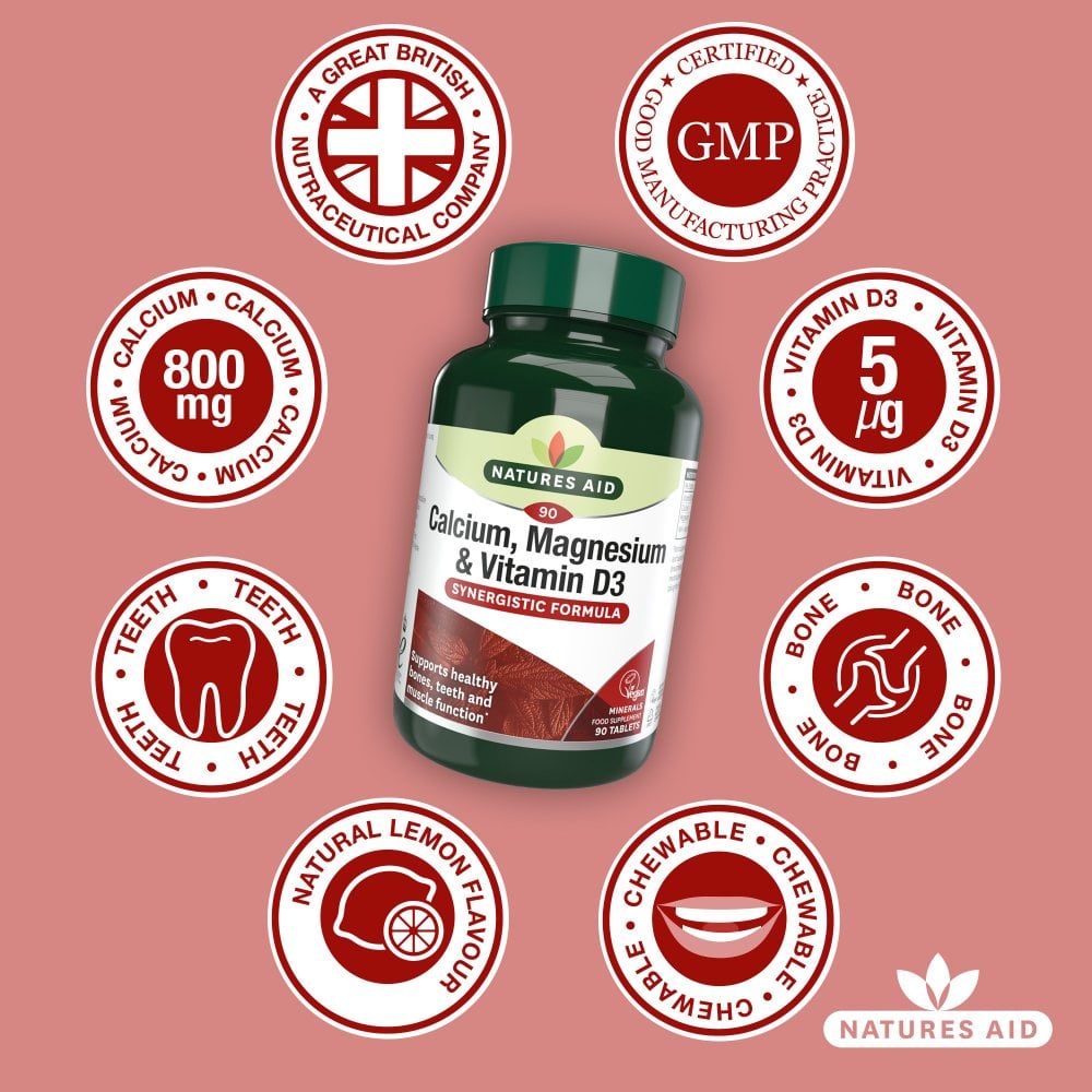 Natures Aid Chewable Calcium 400 mg, 60 Chewable Tablets | Lemon-Flavoured Calcium with Vitamin D3 – product photo