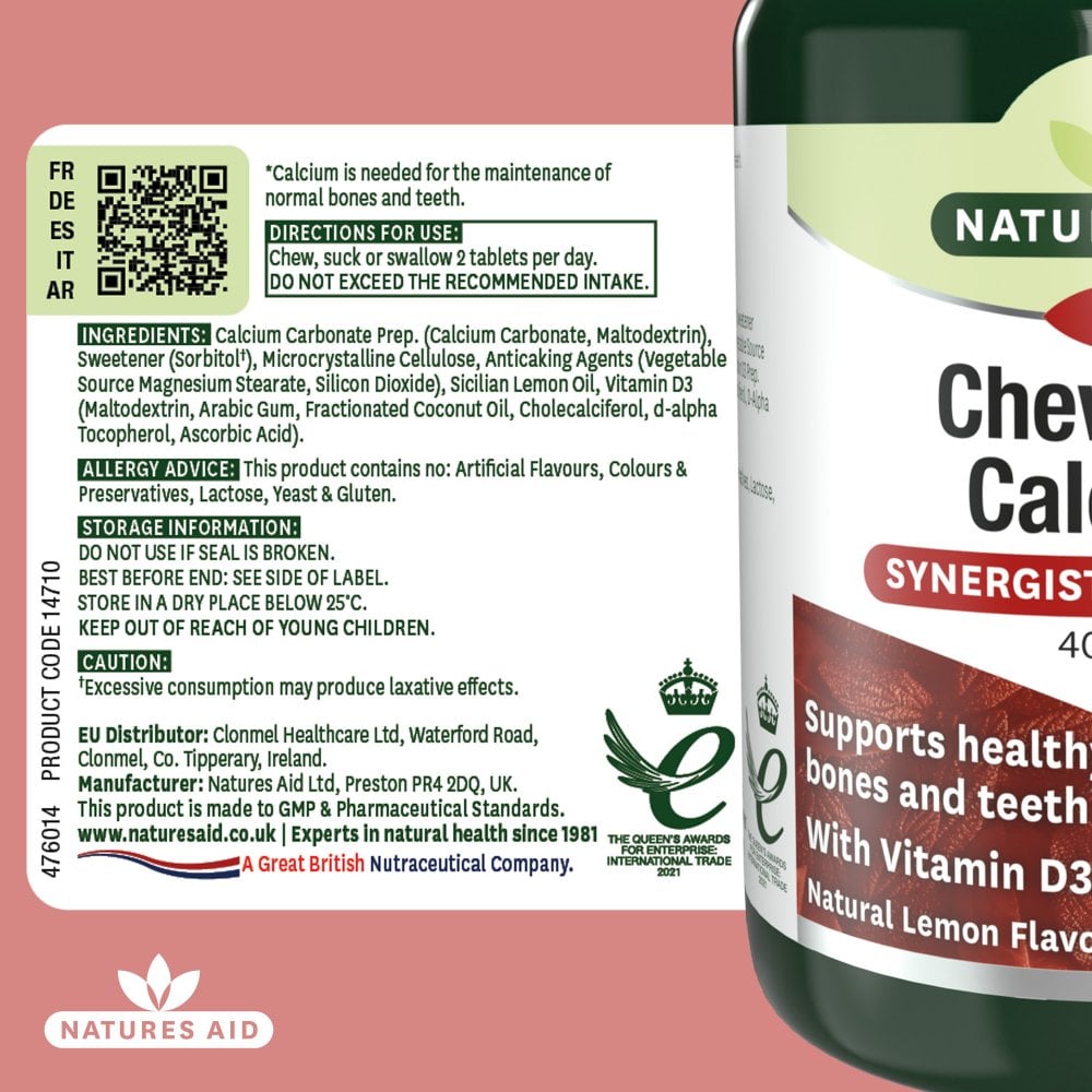 Natures Aid Chewable Calcium 400 mg, 60 Chewable Tablets | Lemon-Flavoured Calcium with Vitamin D3 – product photo