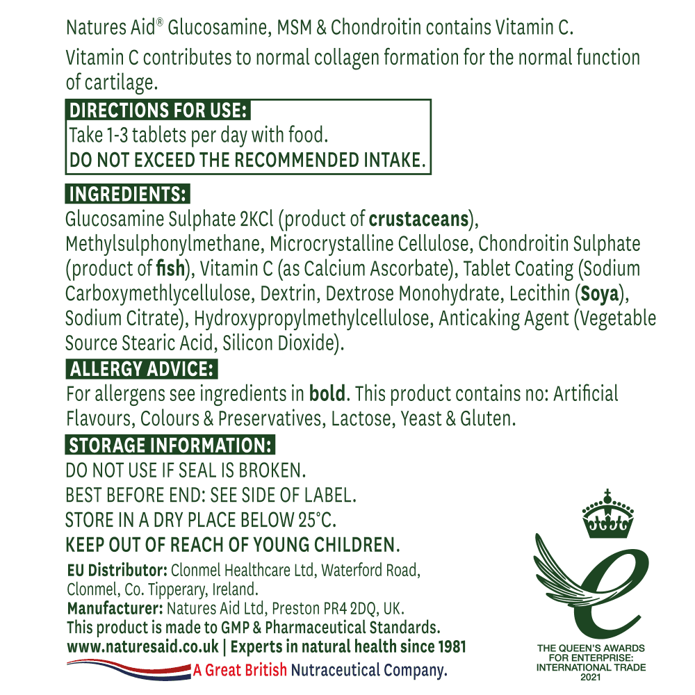 Natures Aid Glucosamine MSM & Chondroitin 500 mg, 90 Tablets | Glucosamine, MSM & Chondroitin with Vitamin C – product photo