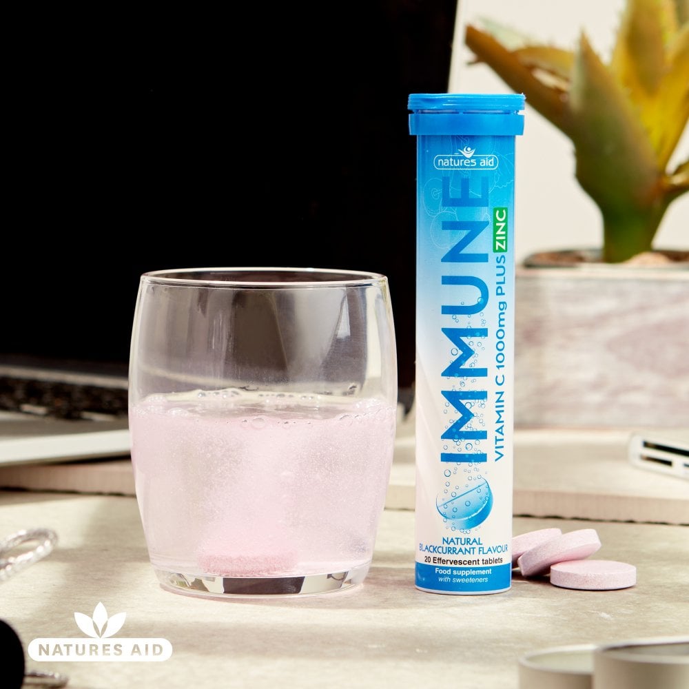 Natures Aid Immune Vitamin C 1000mg + Zinc 1000 mg, 20 Effervescent Tablets | Blackcurrant Effervescent Vitamin C & Zinc – product photo