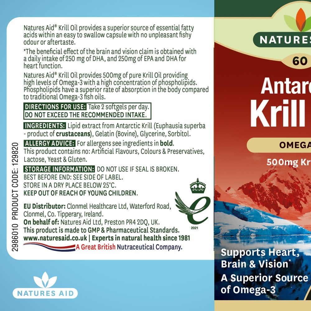 Natures Aid Krill Oil (Superba) 500 mg, 60 Softgels | Antarctic Krill Oil with Omega-3 & Astaxanthin – product photo