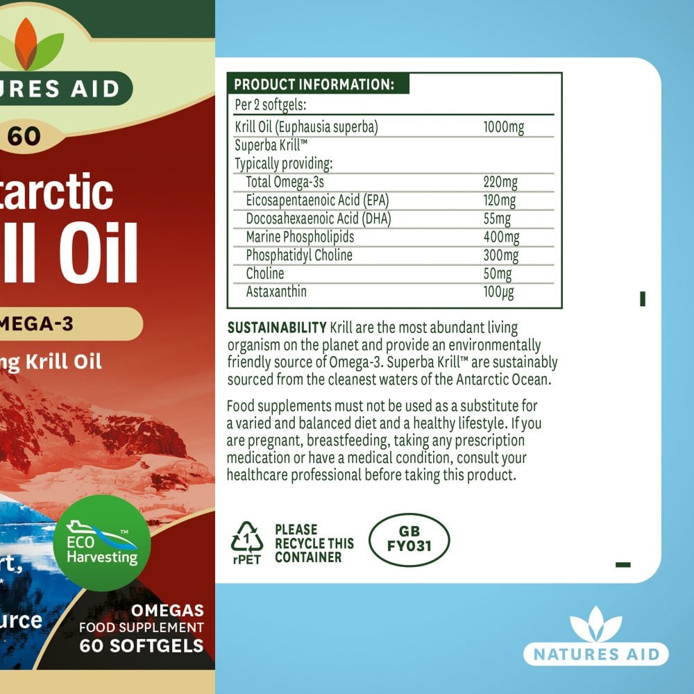 Natures Aid Krill Oil (Superba) 500 mg, 60 Softgels | Antarctic Krill Oil with Omega-3 & Astaxanthin – product photo