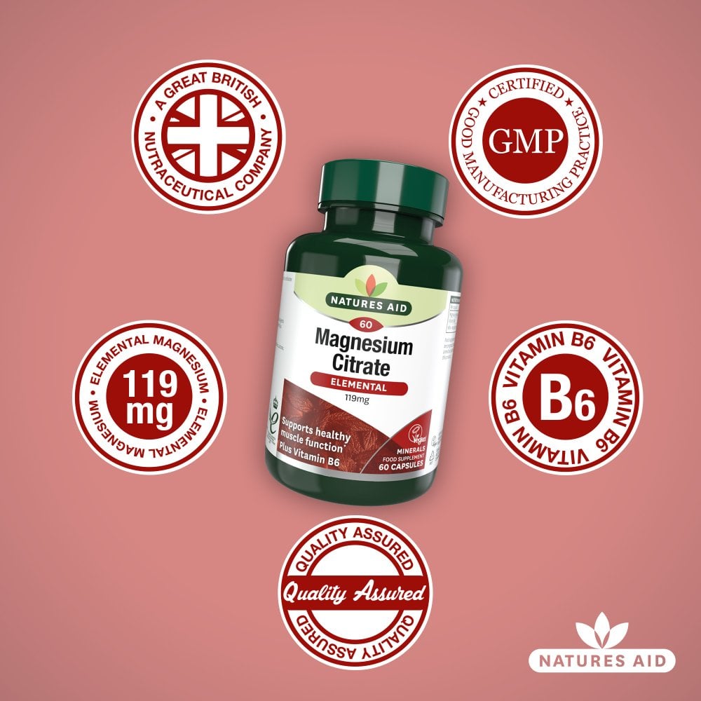 Natures Aid Magnesium Citrate 119 mg, 60 Vegetable Capsules | Magnesium Citrate with Vitamin B6 – product photo