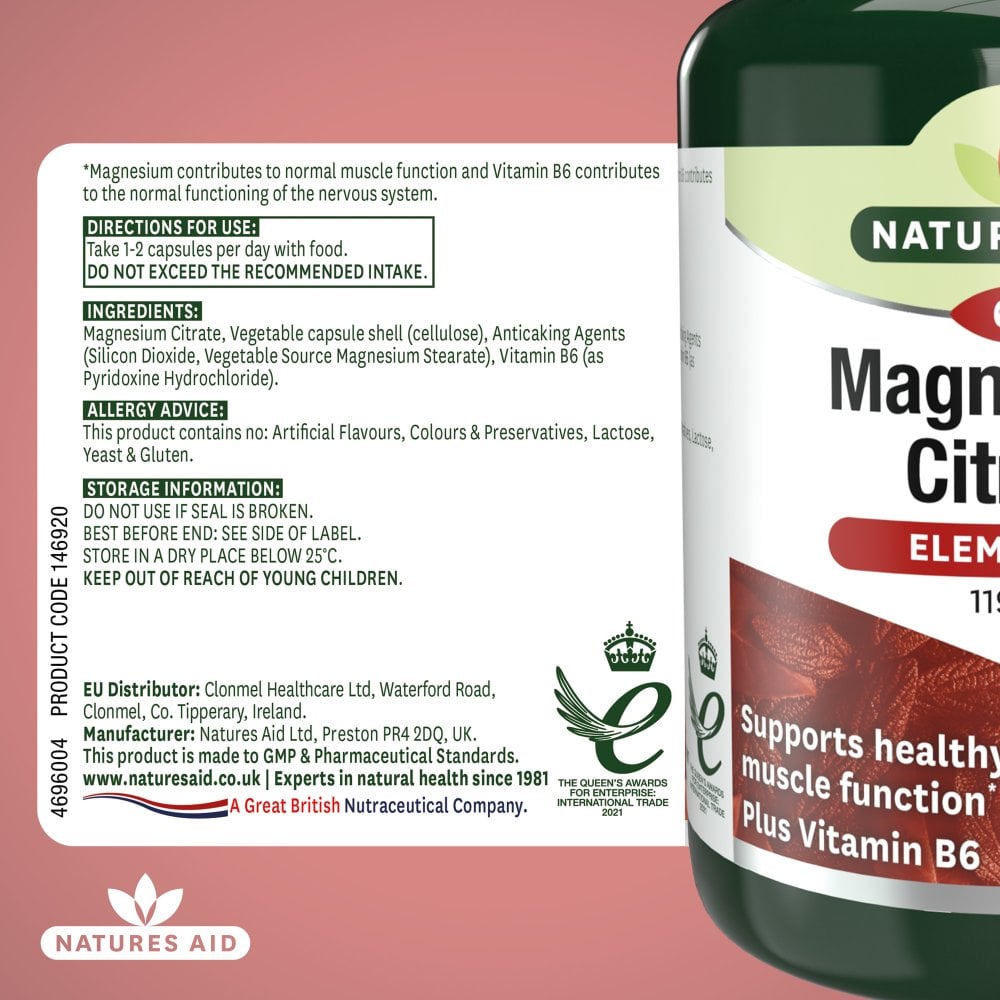 Natures Aid Magnesium Citrate 119 mg, 60 Vegetable Capsules | Magnesium Citrate with Vitamin B6 – product photo