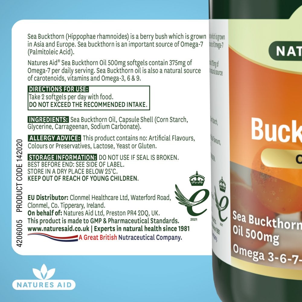 Natures Aid Sea Buckthorn Oil 500 mg, 60 Softgels | Plant Source of Omega-7 – product photo