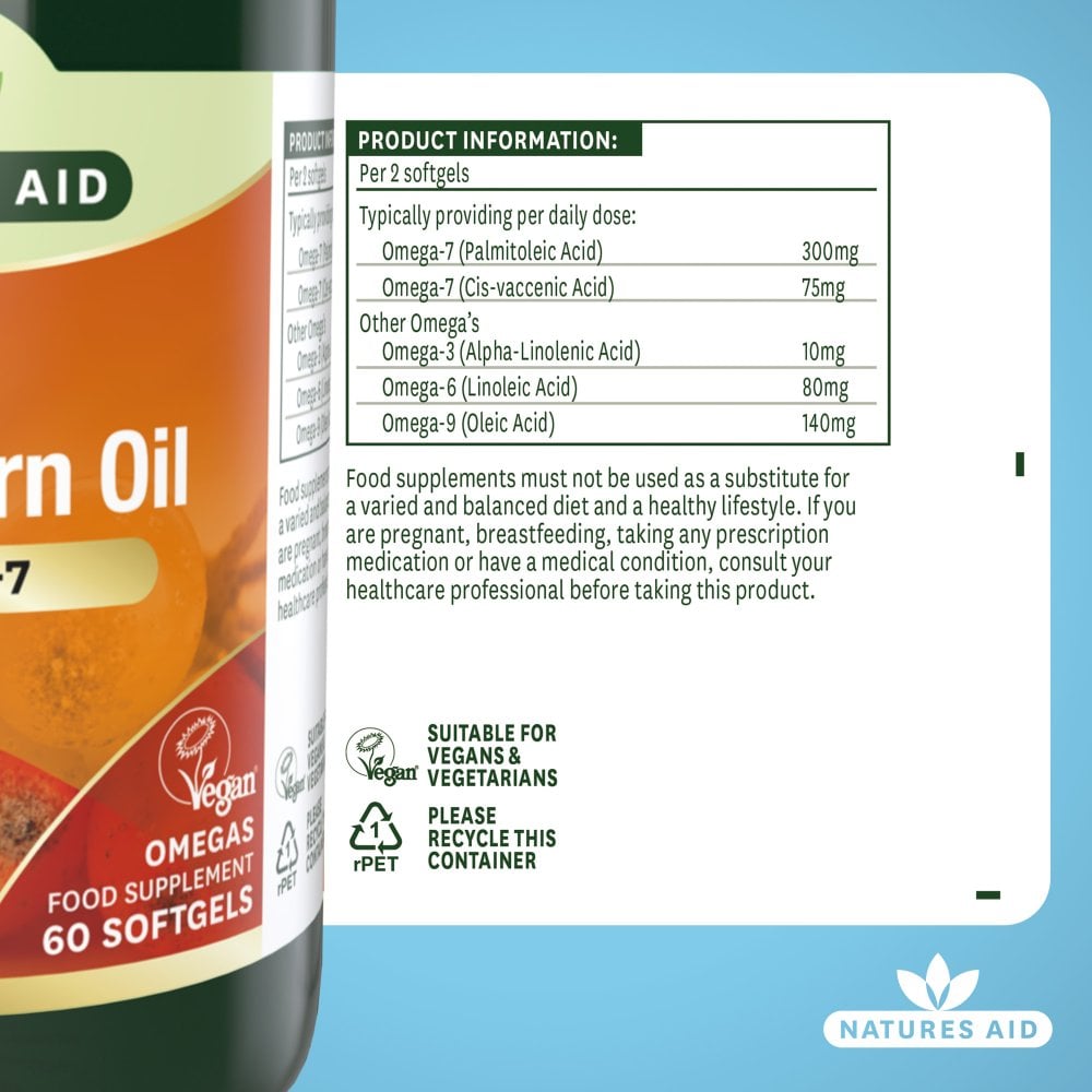 Natures Aid Sea Buckthorn Oil 500 mg, 60 Softgels | Plant Source of Omega-7 – product photo