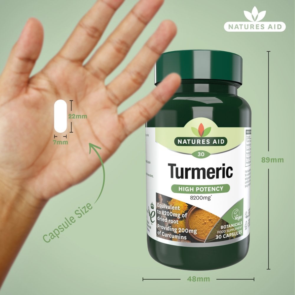 Natures Aid Turmeric High Potency 8200 mg, 60 Vegetable Capsules | 95% Curcumin Extract with Whole-Herb Turmeric – product photo