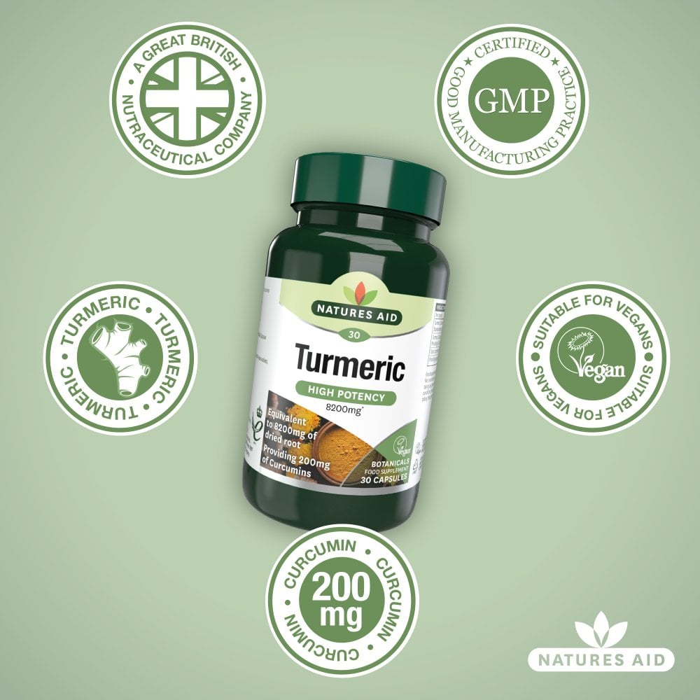 Natures Aid Turmeric High Potency 8200 mg, 60 Vegetable Capsules | 95% Curcumin Extract with Whole-Herb Turmeric – product photo