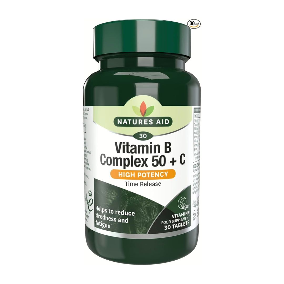 Natures Aid Vitamin B Complex 50 + C 50 mg, 30 Tablets | High-Strength B Vitamins with Vitamin C