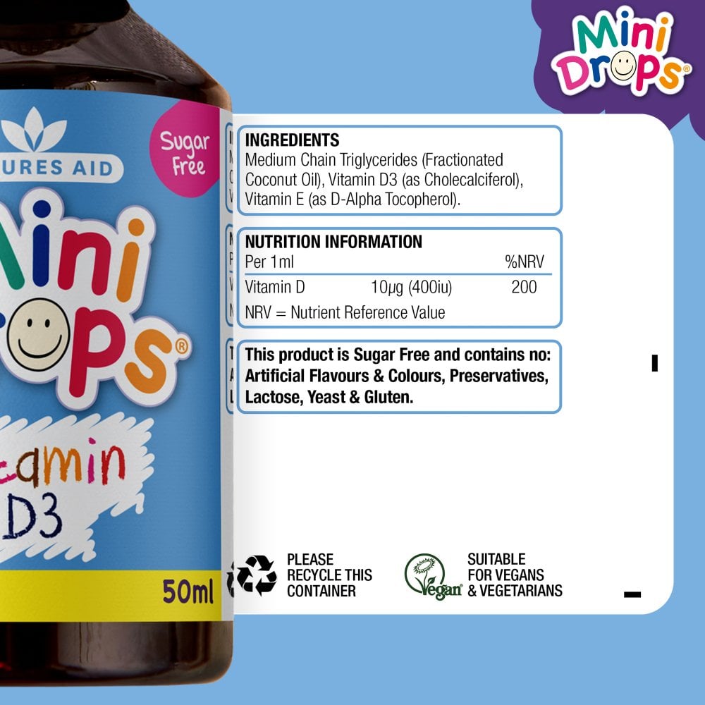 Natures Aid Vitamin D3 400IU Mini Drops 400 IU, 50ml | Vitamin D3 Drops for Babies & Children – product photo