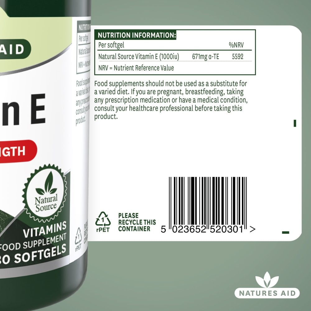 Natures Aid Vitamin E 1000IU 1000 IU, 30 Softgels | Natural-Source Vitamin E (d-alpha Tocopherol) – product photo