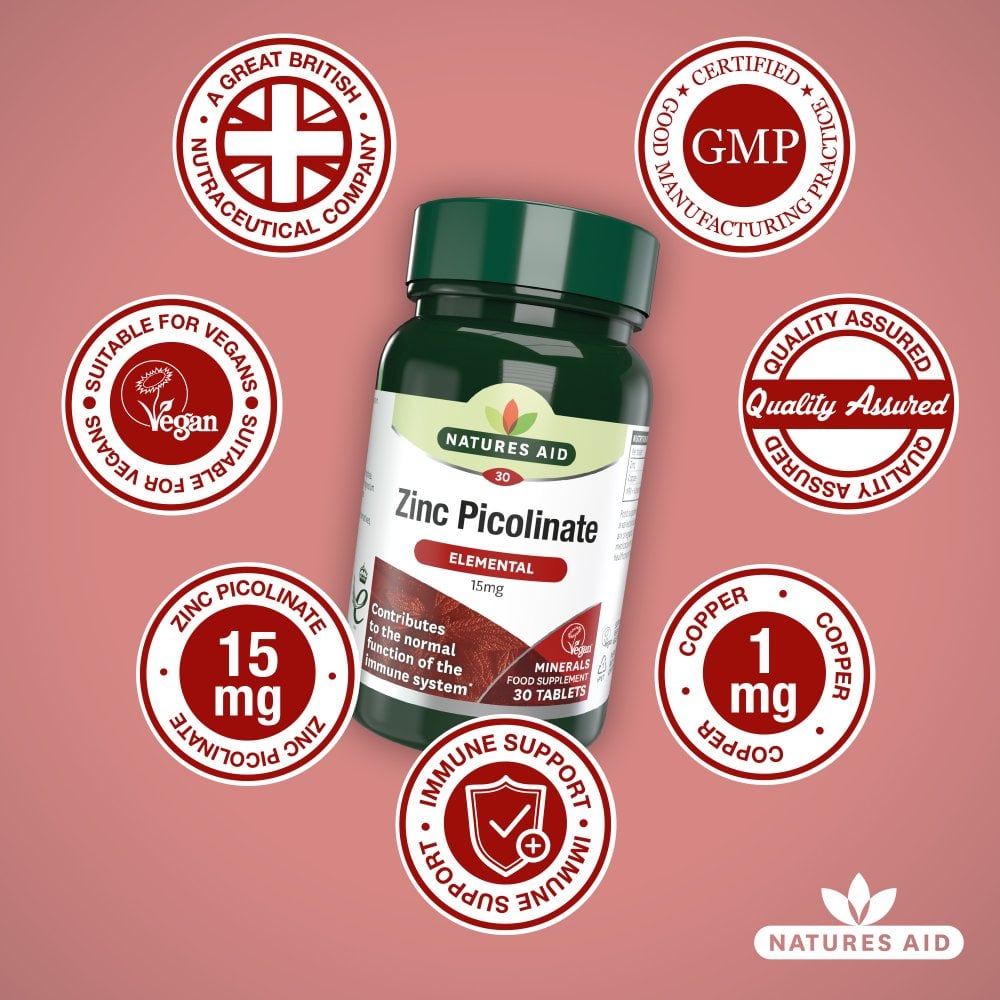 Natures Aid Zinc Picolinate 15 mg, 30 Tablets | Elemental Zinc 15 mg with Copper – product photo