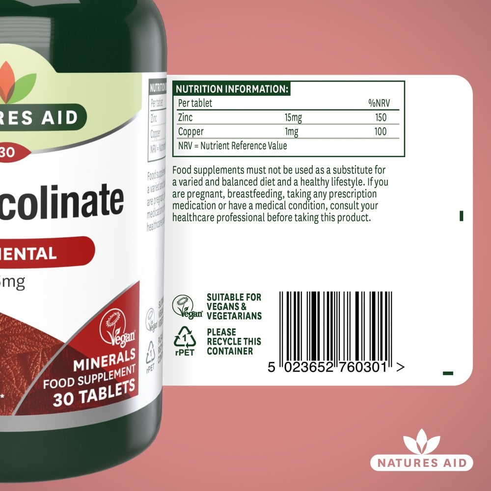 Natures Aid Zinc Picolinate 15 mg, 30 Tablets | Elemental Zinc 15 mg with Copper – product photo