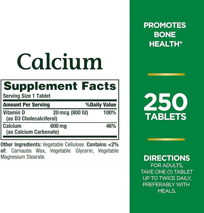 Nature's Bounty Calcium + Vitamin D3 600 mg + 20 mcg (800 IU), 250 Tablets | Calcium 600 mg with Vitamin D3 800 IU – product photo