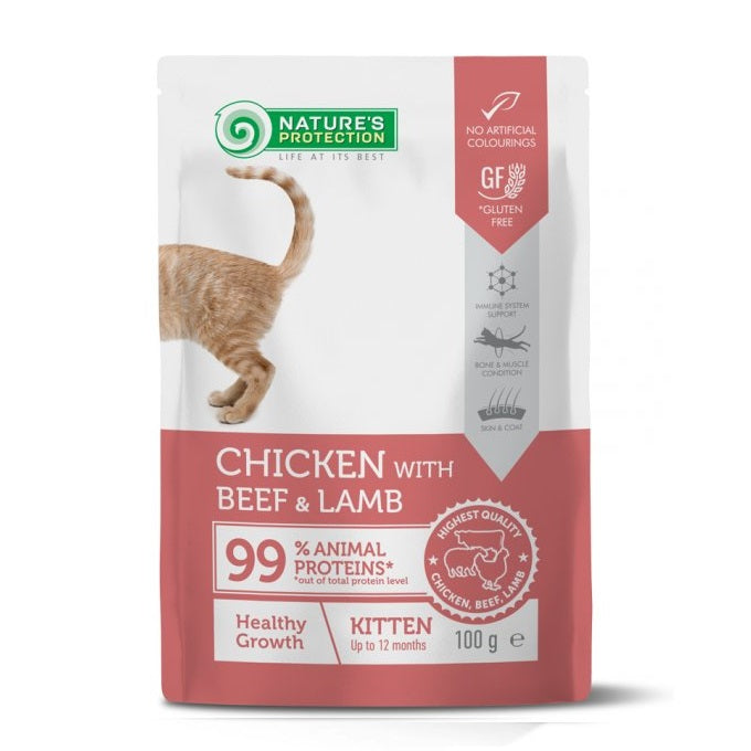 Nature's Protection Healthy Growth Chicken with Beef & Lamb Wet Cat Food 100g | Chicken, Beef and Lamb Kitten Pouch