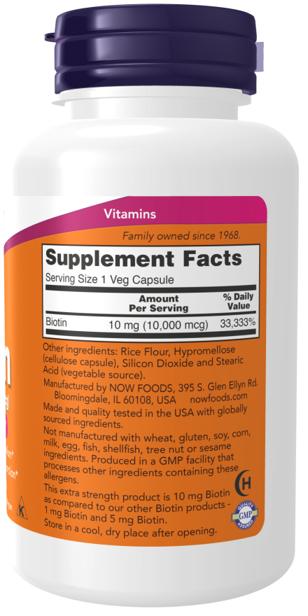 NOW Biotin 10 mg (10,000 mcg) Extra Strength, 120 Vegetable Capsules | Extra Strength Biotin 10 mg – product photo