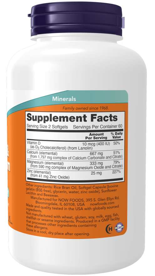 NOW Calcium, Magnesium & Vitamin D, 120 Softgels | Calcium, Magnesium, D-3 & Zinc Softgels – product photo