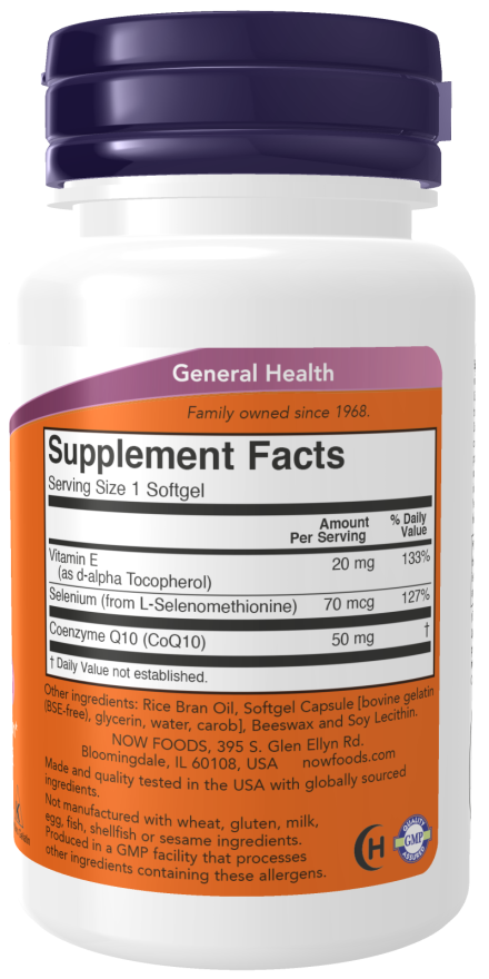 NOW CoQ10 50 mg with Vitamin E & Selenium, 50 Softgels | All-Trans CoQ10 with Vitamin E & Selenium – product photo