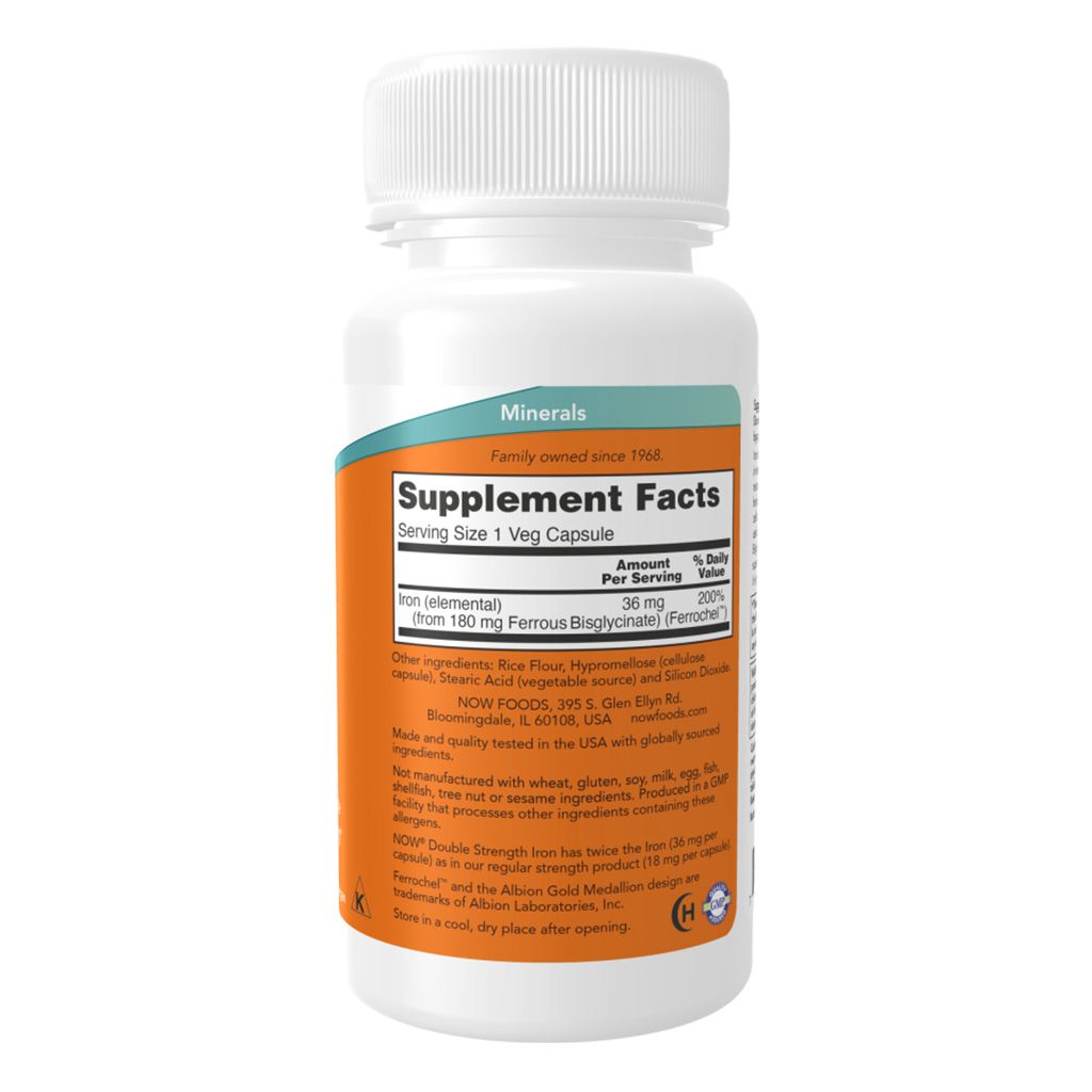 NOW Iron 36 mg Double Strength, 30 Vegetable Capsules | Gentle Ferrochel Iron Bisglycinate – product photo