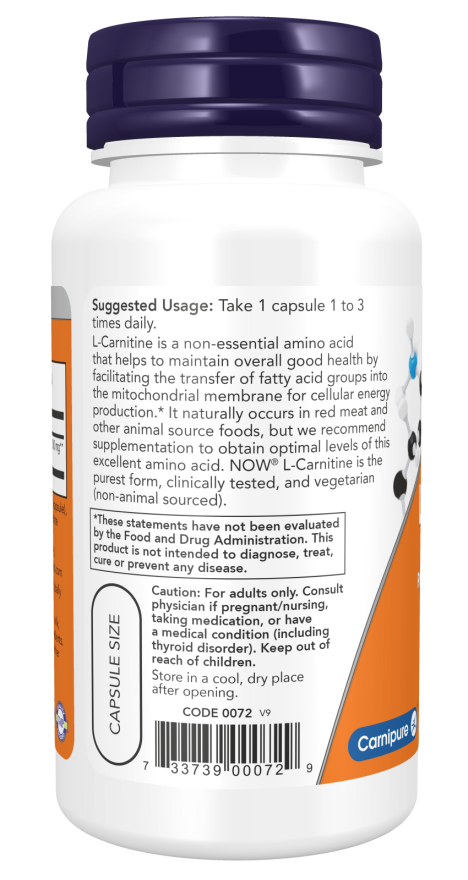 NOW L-Carnitine 500 mg, 60 Vegetable Capsules | Pure Carnipure L-Carnitine – product photo