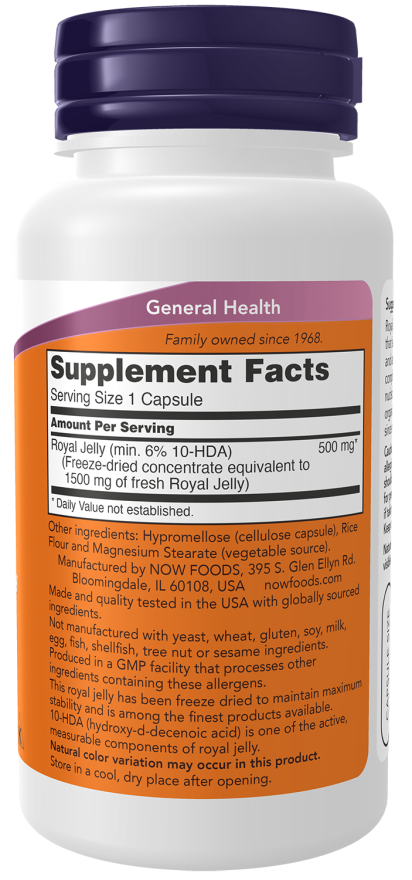NOW Royal Jelly 1500 mg equivalent, 60 Capsules | Freeze-Dried Royal Jelly 1500 mg Equivalent – product photo
