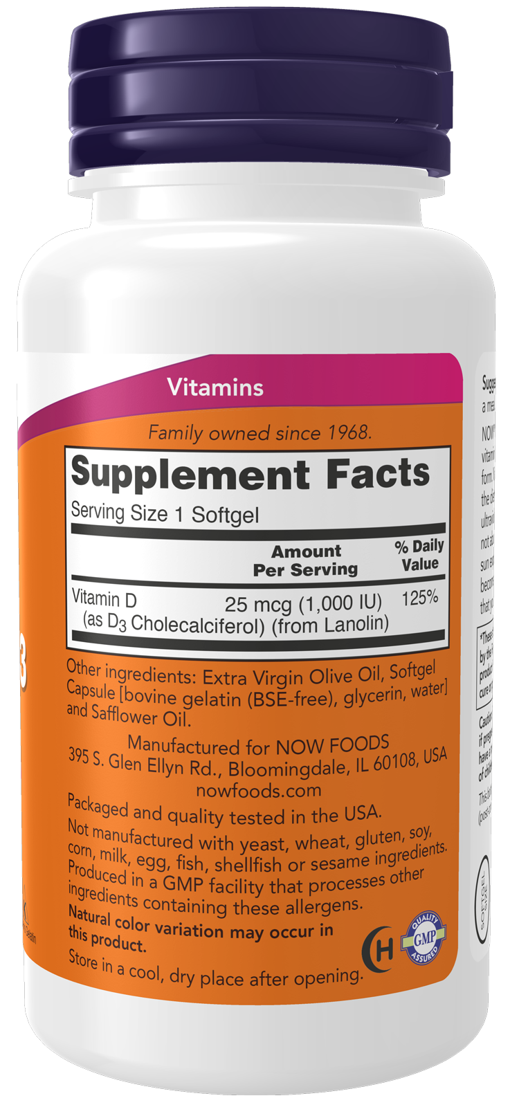 NOW Vitamin D-3 1000 IU, 180 Softgels | High Potency Vitamin D-3 1000 IU – product photo