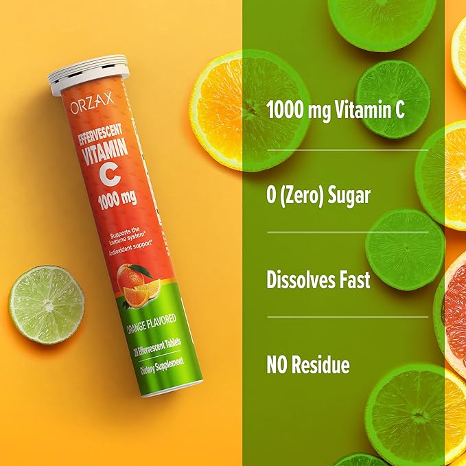 ORZAX Vitamin C Effervescent Orange 1000 mg, 20 Effervescent Tablets – product photo