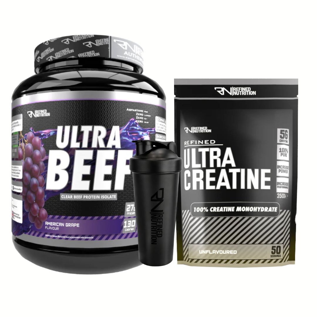 مجموعة ريفايند نيوتريشن ألترا بيف (لحم بقري ٢ كجم | ٦٠ حصة + كرياتين ٢٥٠ جم | ٥٠ حصة) + كوب خلط مجاني