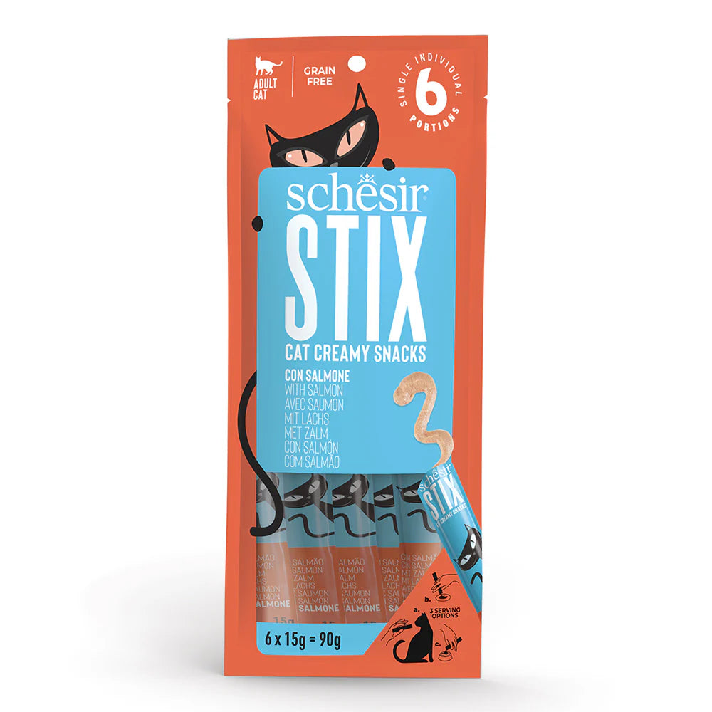 Schesir Stix Creamy Snack with Salmon Cat Treats 15g 6-Pack | Creamy Salmon Mousse Snack Sticks