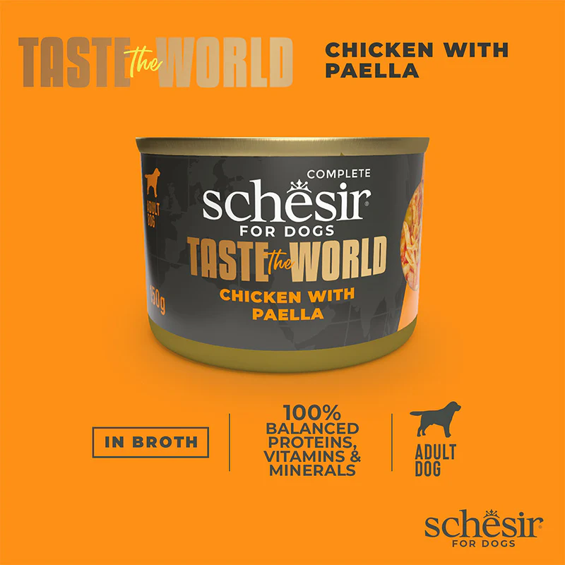 Schesir Taste the World Chicken with Paella Wet Dog Food 150g | Chicken Paella Recipe in Broth