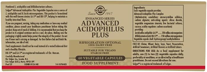 Solgar Advanced Acidophilus Plus, 60 Vegetable Capsules | Two-Strain Live Culture Formula – product photo