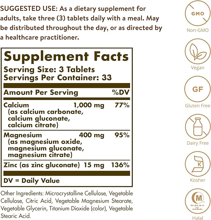 Solgar Calcium Magnesium Plus Zinc, 100 Tablets | Calcium, Magnesium & Zinc for Bones – product photo