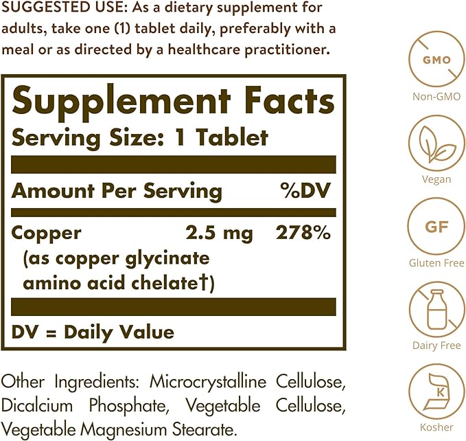 Solgar Chelated Copper, 100 Tablets | Chelated Copper Trace Mineral Tablets – product photo