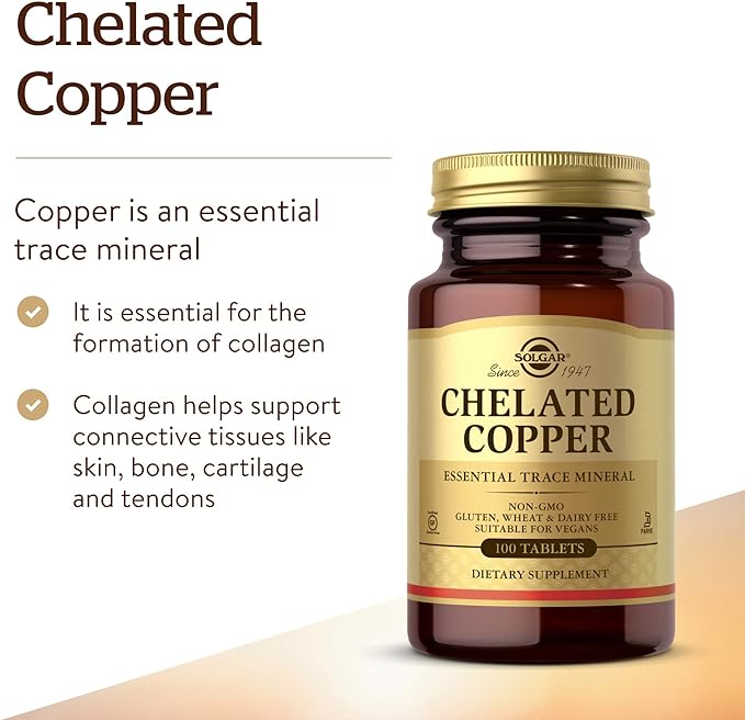 Solgar Chelated Copper, 100 Tablets | Chelated Copper Trace Mineral Tablets – product photo