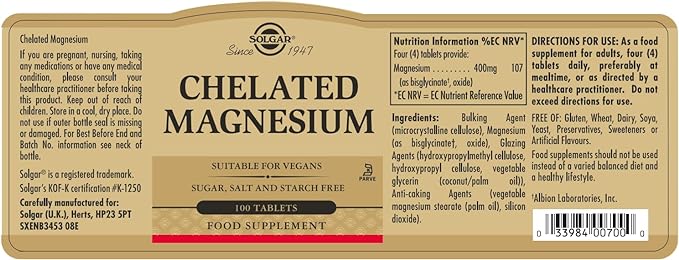 Solgar Chelated Magnesium, 100 Tablets | Patented Chelated Magnesium Tablets – product photo