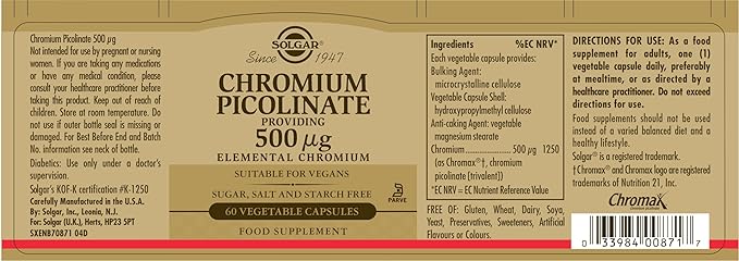 Solgar Chromium Picolinate 500 mcg, 60 Vegetable Capsules | Chromium for Normal Blood Glucose – product photo