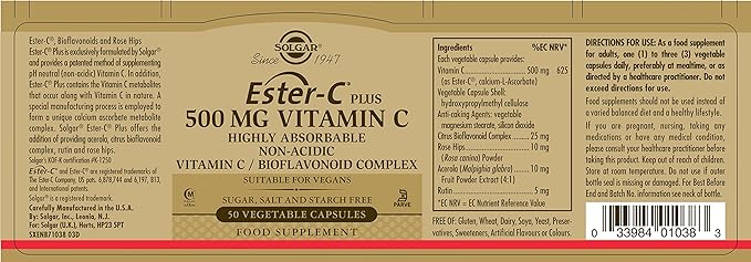 Solgar Ester-C® Plus Vitamin C 500 mg, 50 Vegetable Capsules | Vitamin C as Ester-C® Ascorbate Complex – product photo