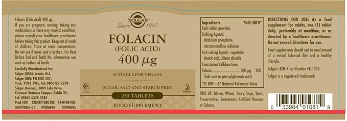 Solgar Folate 666 mcg DFE, 100 Tablets | Folic Acid 400 mcg per Tablet – product photo