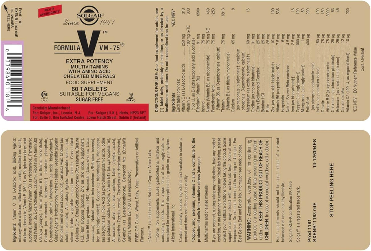 Solgar Formula VM-75, 60 Tablets | Daily Multivitamin with B Vitamins – product photo