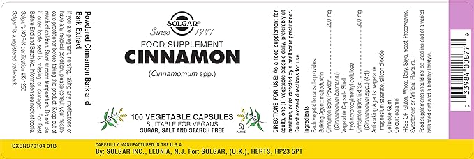 Solgar Full Potency Cinnamon, 100 Vegetable Capsules | Full Potency Cinnamon Herbal Extract – product photo