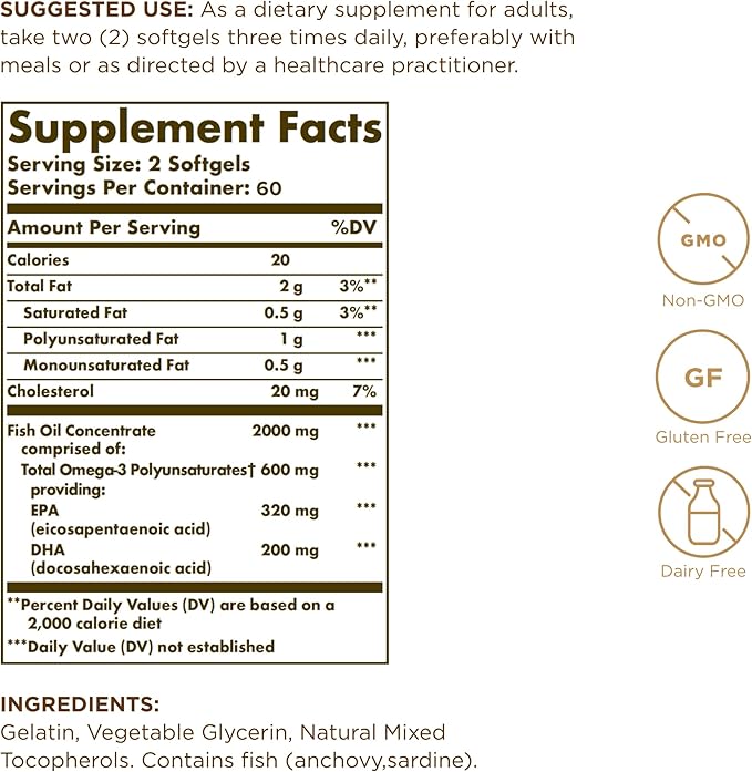 Solgar Omega-3 Fish Oil Concentrate, 120 Softgels | Concentrated Omega-3 from Anchovy & Sardine – product photo