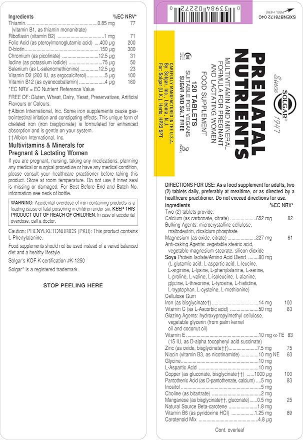 Solgar Prenatal Nutrients, 120 Tablets | Multivitamin for Pregnancy & Breastfeeding – product photo