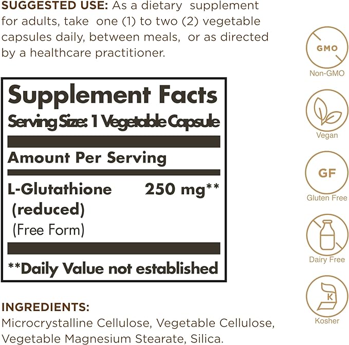 Solgar Reduced L-Glutathione 250 mg, 60 Vegetable Capsules | Reduced Glutathione Tripeptide Capsules – product photo