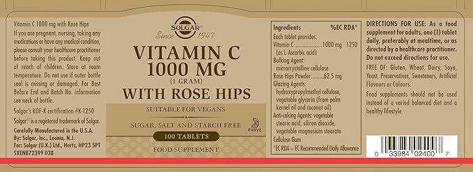 Solgar Vitamin C with Rose Hips 1000 mg, 100 Tablets | High-Strength Vitamin C Plus Rose Hips – product photo