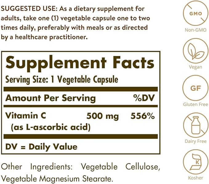 Solgar Vitamin C 500 mg, 100 Vegetable Capsules | Vitamin C for Immune Function – product photo
