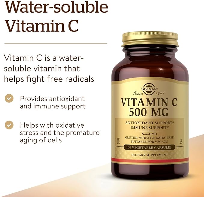 Solgar Vitamin C 500 mg, 100 Vegetable Capsules | Vitamin C for Immune Function – product photo