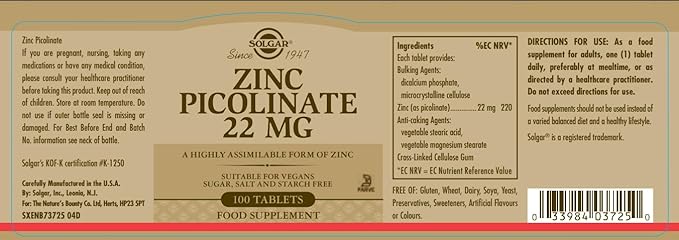 Solgar Zinc Picolinate 22 mg, 100 Tablets | Chelated Zinc for Immune Function – product photo