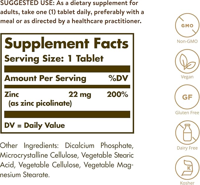 Solgar Zinc Picolinate 22 mg, 100 Tablets | Chelated Zinc for Immune Function – product photo